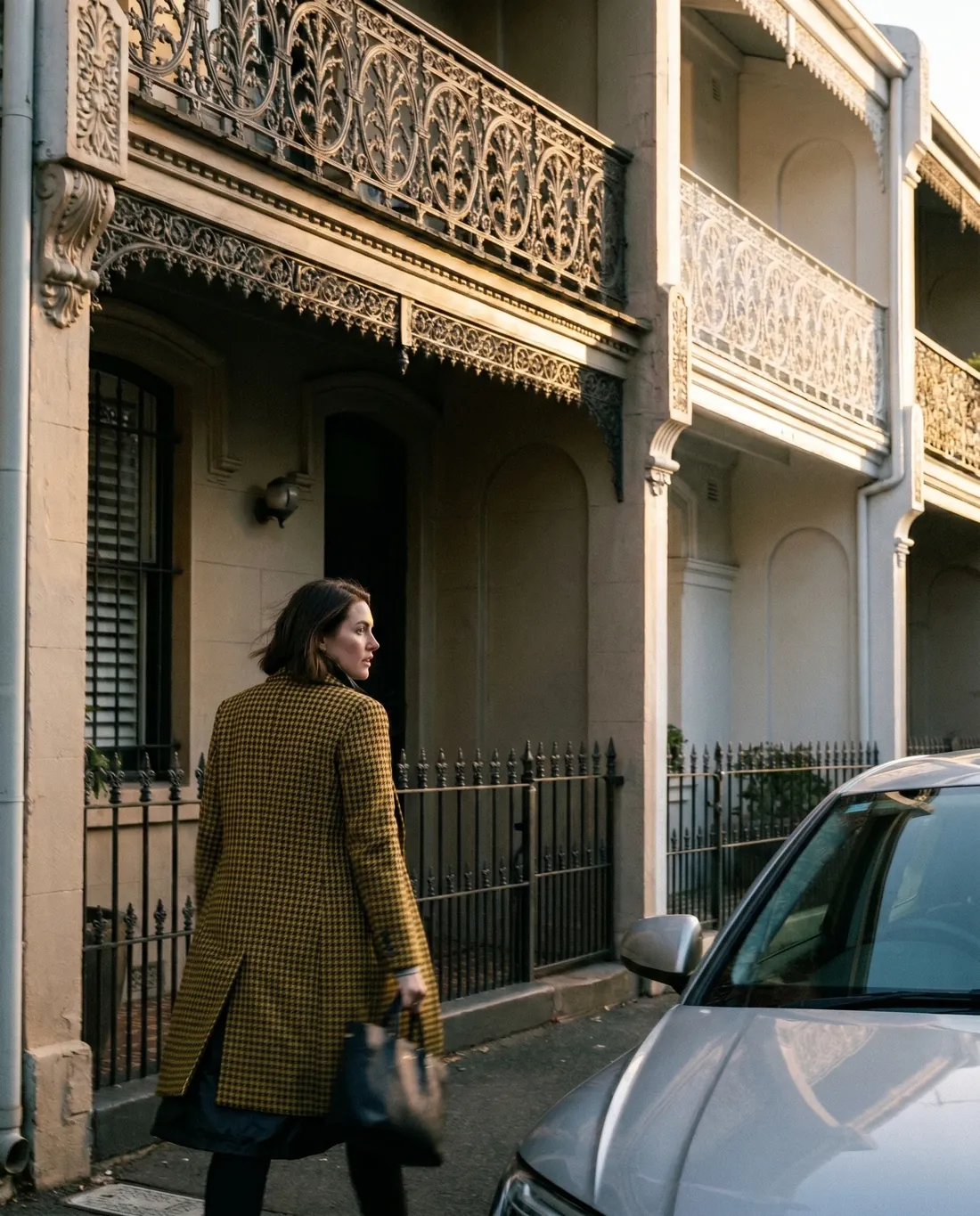 Subject SYD-02 walking past a Sydney sandstone terrace in late afternoon light. Mustard houndstooth coat, holding a dark handbag.