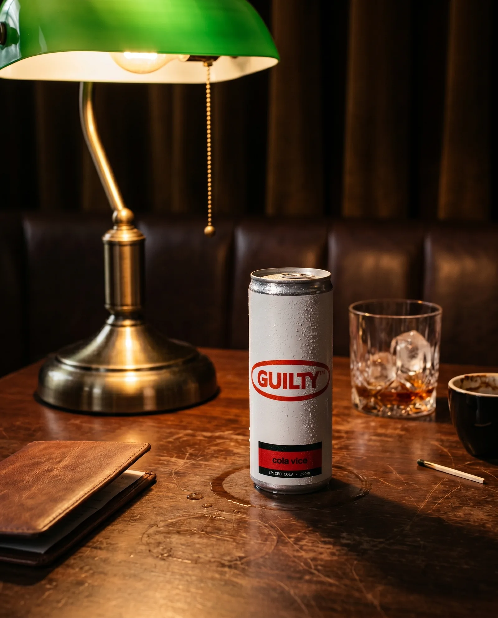 Cola Vice 250ml can on a worn walnut restaurant booth table, late evening with a green banker's-lamp, a leather bill holder, a lowball with melting ice, and a single extinguished matchstick.