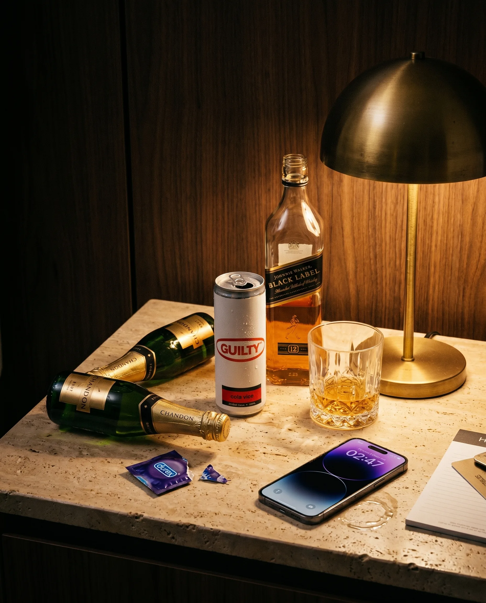 Forensic still life. Bedside table, room 412, hotel ████, Prahran. Johnnie Walker Black, two Chandon piccolos, Durex, one Cola Vice 250ml can. iPhone shows 02:47. Travertine surface, brass lamp, walnut wall. Recovered as found.