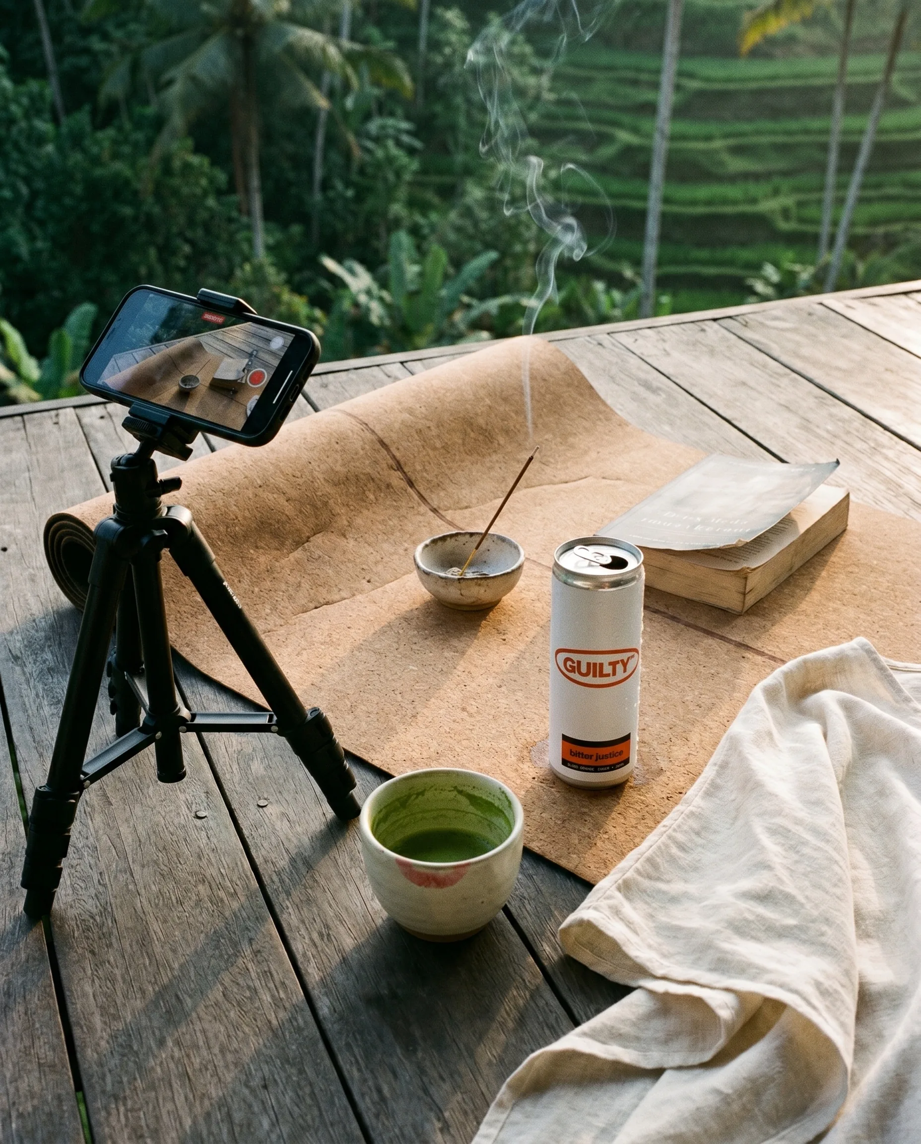 Forensic still life. Villa Soma deck at dawn. Yoga mat unrolled. Tripod with iPhone mounted, filming back at the scene. Incense burning in a ceramic bowl. Dog-eared book. Half-drunk matcha with lipstick mark on the rim. Linen kaftan. One Bitter Justice 250ml can beside the mat. Rice terrace beyond.