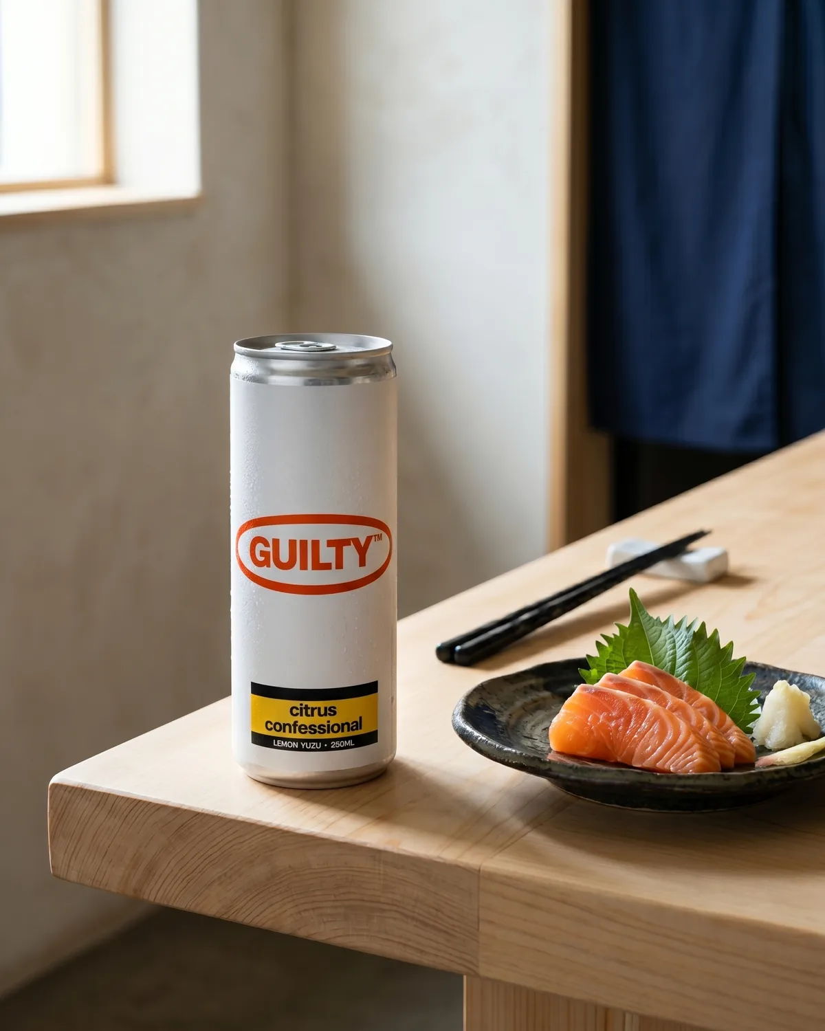 Citrus Confessional 250ml can on a light timber counter at a Japanese omakase setting, beside a plate of salmon sashimi with shiso leaf and grated ginger. Navy noren curtain in the background. Window light from the left.