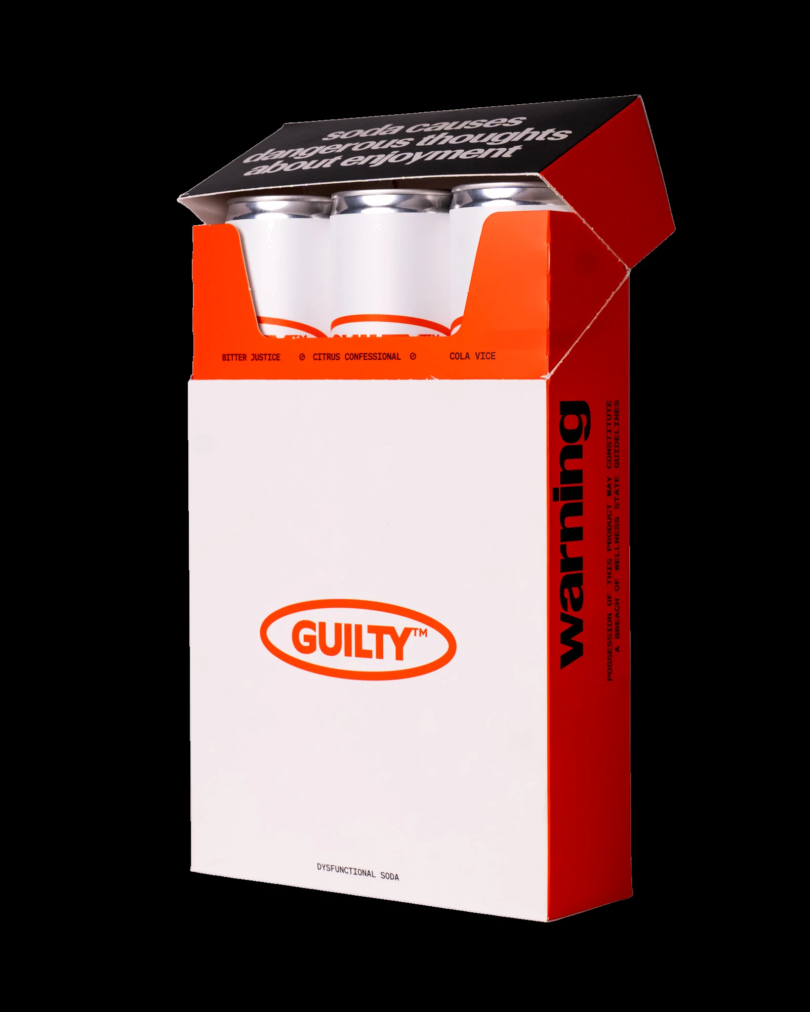 The First Offence sampler — open cigarette-pack mailer in white and Guilty Orange, with three 250ml cans of Citrus Confessional, Bitter Justice, and Cola Vice visible inside, and a vertical 'warning' callout on the side panel.