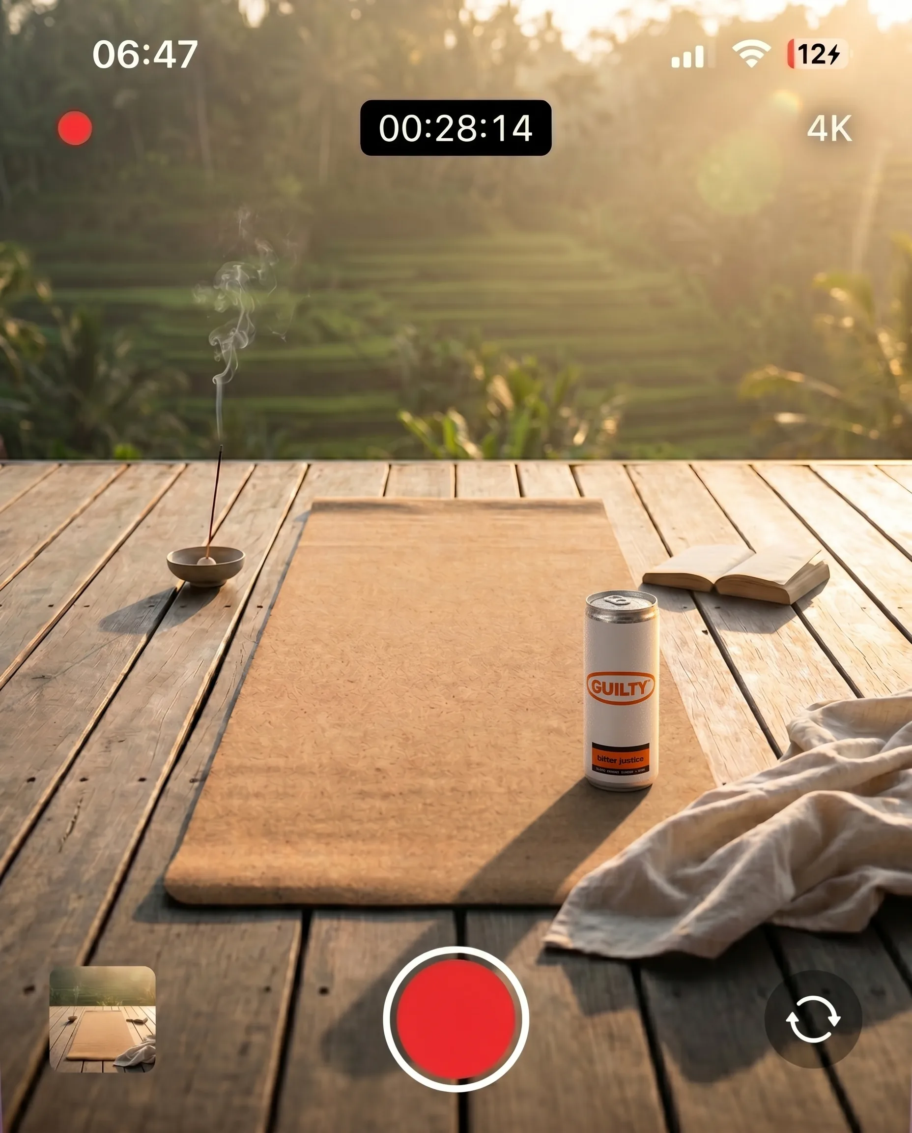 iPhone camera recording screen capturing the Villa Soma deck. Status bar reads 06:47, battery at 12 percent, recording at 4K. Timer shows 00:28:14 — twenty-eight minutes of continuous recording. Frame shows the unrolled yoga mat, smoking incense, Bitter Justice can, dog-eared book, and linen kaftan. Rice terrace beyond. Subject not in frame.