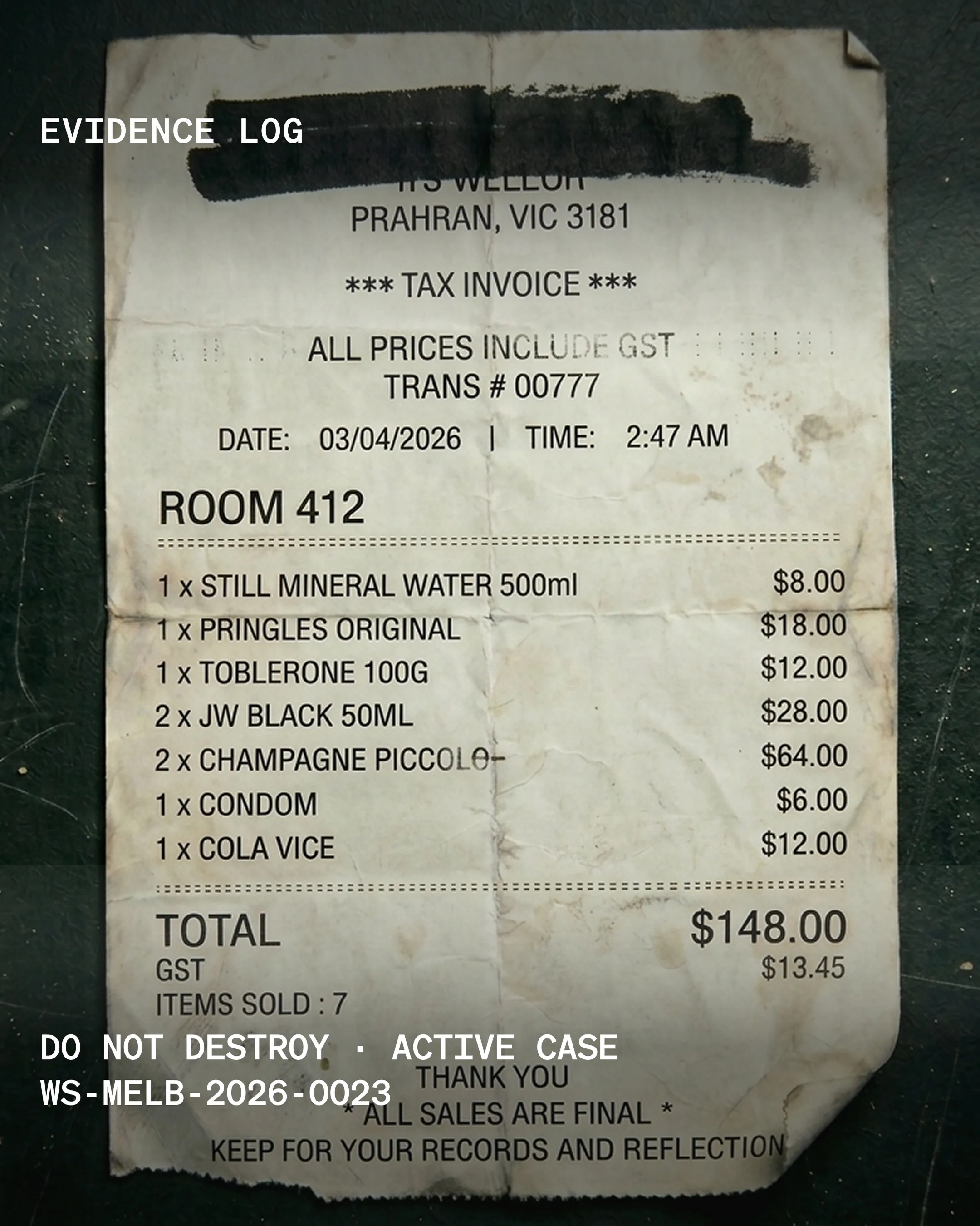 Minibar tax invoice from hotel ████, Prahran. Room 412. Transaction 00777. Seven items: still mineral water, Pringles original, Toblerone 100g, two JW Black 50ml, two champagne piccolos, one condom, one Cola Vice. Total $148.00 including $13.45 GST. 03 April 2026, 02:47. Footer reads KEEP FOR YOUR RECORDS AND REFLECTION.